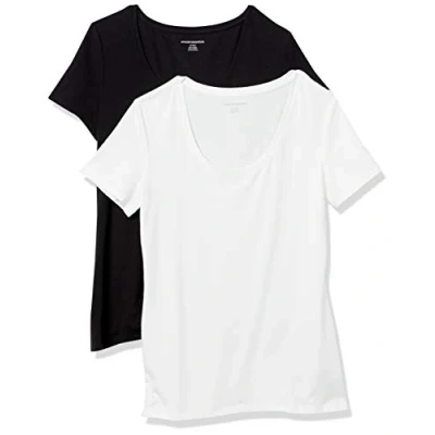 Image de Amazon Essentials T Shirt à Encolure Dégagée Coupe Classique Manches Courtes (Grandes Tailles Disponibles) Femme, Lot de 2, Noir/Blanc, XXL