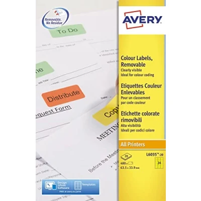 Image de AVERY Pochette de 480 étiquettes jaunes autocollantes et amovibles, Personnalisables imprimables, Format 63,5 x 33,9 mm, Impression laser / jet d&#039;encre, (L6035 20)
