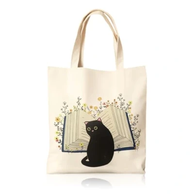 Image de TUONYIS sac fourre tout en toile de chat fermeture éclair, toile, imprimé chat, courses réutilisable coton avec poche pour femme comme cadeau. (blanc)