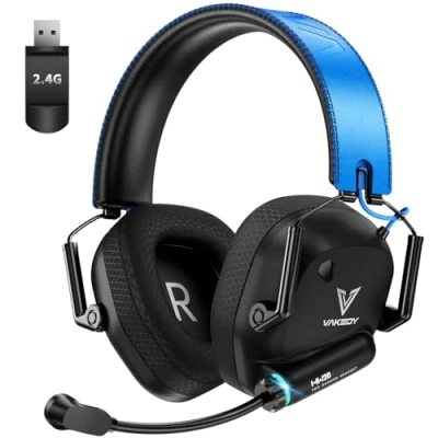 Image de Vakedy casque de jeu sans fil pour PC, PS4, PS5, Mac, Switch, USB 2,4 GHz avec microphone, Bluetooth, pilote 50 mm, autonomie heures, faible latence, léger (bleu)