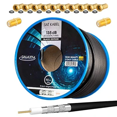 Image de HB DIGITAL Câble satellite coaxial 50 m 135 dB noir + 10 fiches F &amp; 2 connecteurs plaqués or d&#039;antenne CCS en acier cuivre blindé 5 voies pour installations DVB S/S2 C/C2 T/T2