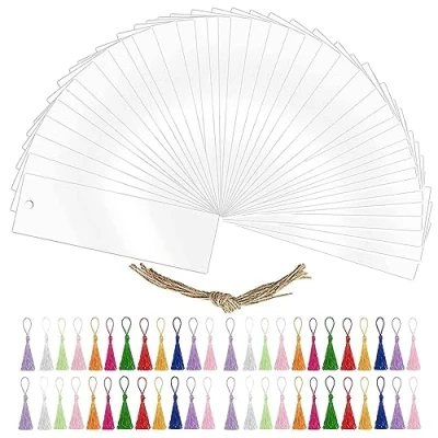 Image de 30 Marque Page Acrylique Transparent, BetterJonny 12*3.2cm Pages Vierges Rectangulaire en avec 36 Pompons Colorés et Cordon DIY pour Peinture Loisirs Créatifs