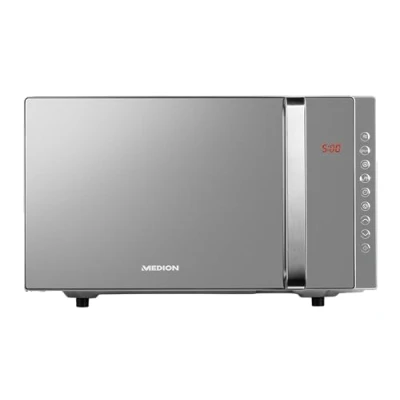 Image de MEDION Micro onde 3en1 avec gril et air chaud combiné (23L, 800W, 1200 W gril/air chaud, 10 programmes automatiques, 5 niveaux de puissance, mode décongeler, design miroir, MD17495) argent