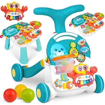 Image de Ricokids Poussoir interactif Pour aide à la marche Tableau d&#039;apprentissage Table blanche et bleue 2 en 1 RK 810 Réglable le développement de petite motricité, l&#039;apprentissage course