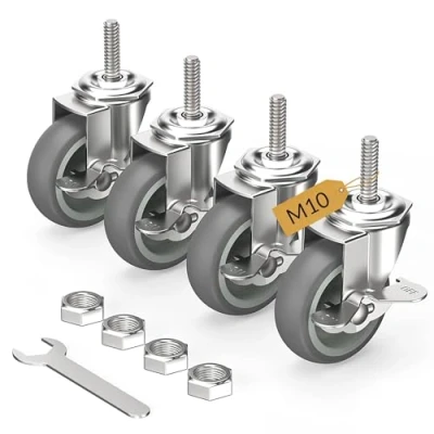 Image de HOLKIE Roulettes pour meubles 75 mm avec freins, M10 x 1,5 30 Lot de 4 pivotantes à tige filetée charge lourde verrouillables Gris