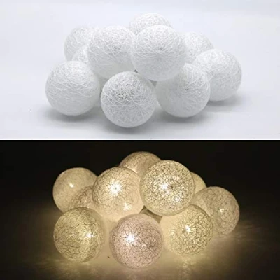Image de TRONJE 10 LED Guirlande Lumineuse Ø6cm Boules de Coton avec Minuterie 4h Portable Chaîne Lumière 1,9m Décoration Lampe Piles Blanc
