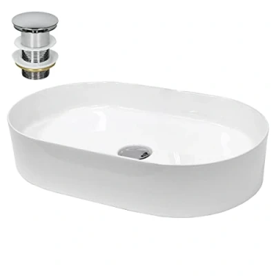 Image de ECD Germany Vasque à Poser Lavabo Salle de Bain 605 x 380 125 mm en Céramique Ovale Blanc avec Kit Vidange sans Top Plein Push Open 1 1/4&quot; Lave Mains Évier
