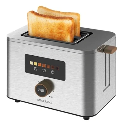 Image de Cecotec Grille Pain Vertical 2 Fentes Courtes Touch&amp;Toast Double. 950 W, Tranches de Pain, Extra Larges 3,8 cm, Écran Tactile et Bouton Numérique, Finitions en Acier Inoxydable