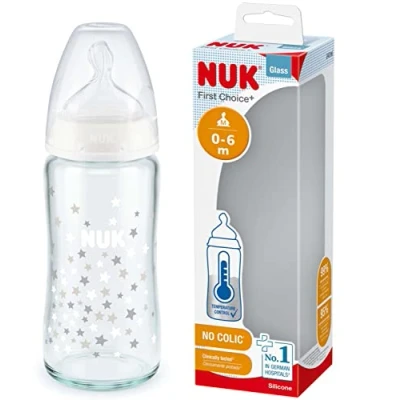 Image de NUK First Choice+ biberon en verre 0 6 mois Contrôle de température Tétine silicone Valve anti coliques Sans BPA 240 ml
