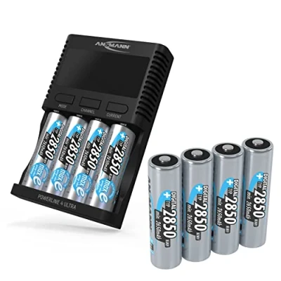 Image de ANSMANN Chargeur de Pile USB Powerline4Ultra (1 PCE) + 8 Piles NIMH HR6 2850 mAh pour 1 à 4 AA/AAA/C/D &amp; Li ION 10440 26650 Automatique programmes, 1001 0080 01, Noir
