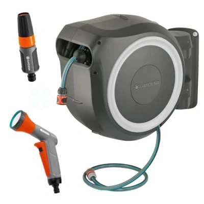 Image de Gardena RollUp XL 35m: Solution d&#039;arrosage flexible pour grands jardins avec coffre mural pivotant, incluantun tuyau de qualité 35m et une douchette jardin Classic (18632 60, 18312 33)