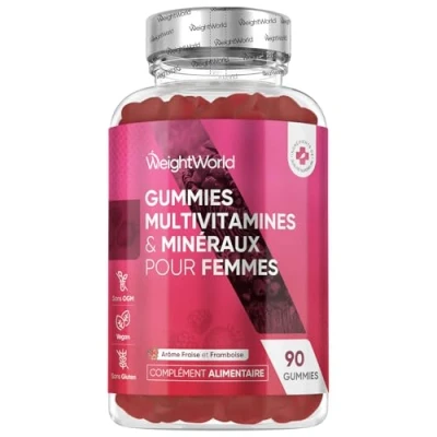 Image de Gummies Multivitamines et Minéraux Femme Au Gout de Fraise &amp; Framboise, Alternative aux Comprimés Gélules, 90 Vegan (+1 Mois) Avec 10 Vitamines + Omega 6, 9 Équilibre Hormonal