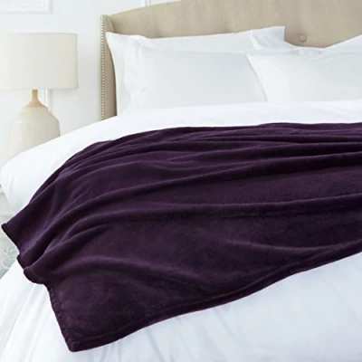 Image de Amazon Basics Couverture jetée de canapé, non chauffante, fabriquée en peluche douce effet velours, Aubergine, 168 x 229 cm