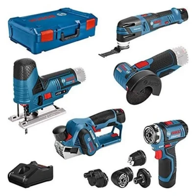 Image de Bosch Professional perceuse GSR 12V 15 FC(+4 adaptateurs)+rabot GHO 20+meuleuse GWS 76+scie sauteuse GST 70+découp. ponc. GOP 28 (2 batteries 2Ah et 1 batterie 3Ah, chargeur, XL BOXX)