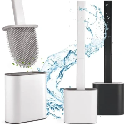 Image de Brosse Toilettes WC Balai Toilette Silicone et Supports Balayette Ventilée Montage Mural/au Sol Antibactérienne de (Blanc)