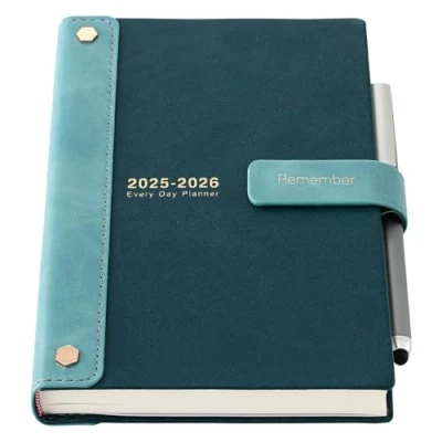 Image de Agenda scolaire 2024 2025 24 x 25 pages par jour Couverture rigide Juillet à juin Semainier mensuel avec stylo, autocollants et poche intérieure Vert 07 06 2026 A5