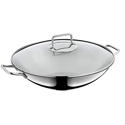 Image de WMF Macao Ensemble de wok à induction, 2 pièces, poêle 36 cm, en acier inoxydable Cromargan poli, avec couvercle verre, non revêtu