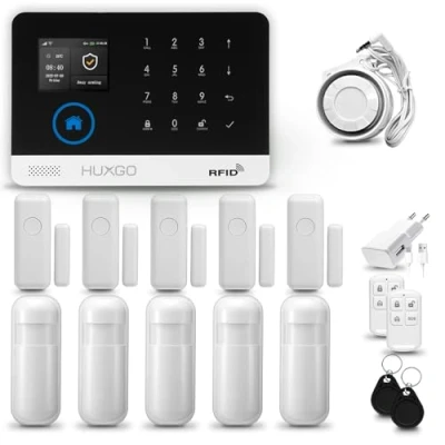 Image de HUXGO® HXA003 Alarme Maison sans Fil WiFi + GSM avec Sirène Système d&#039;alarme Domestique 5X détecteurs de Mouvement, capteurs Porte TUYA App.