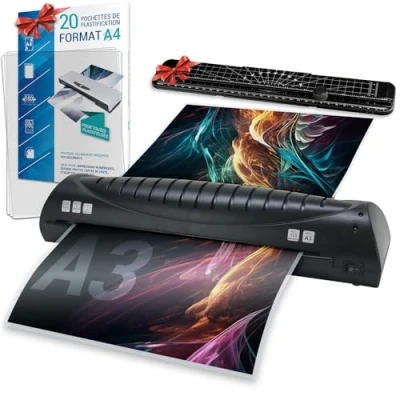 Image de Plastifieuse A3 avec 20 Pochettes A4 et 1 coupe papier, Machine à Plastifier chaud pour Documents A3, A4, A5, A6