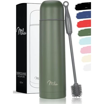Image de Milu Bouteille isotherme en acier inoxydable 1L, 750ml, 500ml Thermo Double Paroi, Sans BPA, Transport Café, Thé, Eau (Vert olive, 1000 ml)