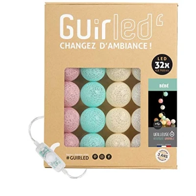 Image de GuirLED Guirlande lumineuse boules coton LED USB Veilleuse Bébé 2h Adaptateur secteur double 2A inclus 3 intensités 32 3.2m