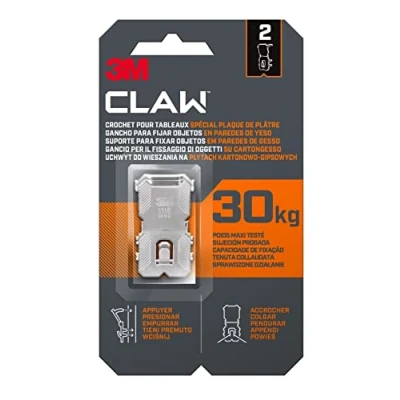 Image de 3M CLAW Crochets pour Accrocher des Tableaux sur murs en plâtre, 2 Poids Maxi testé jusqu&#039;à 30 kg Idéal Fixer Objets lourds, Miroirs, Décoration d&#039;intérieur, sans Outil