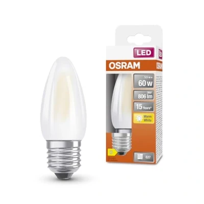 Image de OSRAM LED Star Classic Lampe in klassischer Minikerzenform, weiß, warmweißes Licht (2700 K) mit 5.5W / 806 lm, aus gefrostetem bleifreiem Glas, E27 Sockel, IP20, EEK D, 35 mm Durchmesser.
