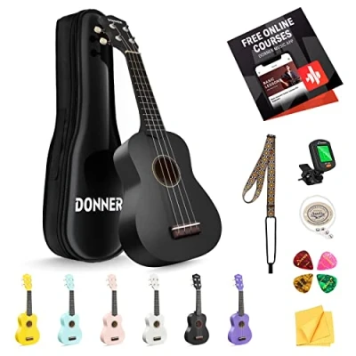 Image de Donner Ukulélé soprano noir de 53,3 cm pour débutant, adulte avec sac cours en ligne, sangle, accordeur cordes, DMU 01 mat ensemble d&#039;ukalalee série Macaron
