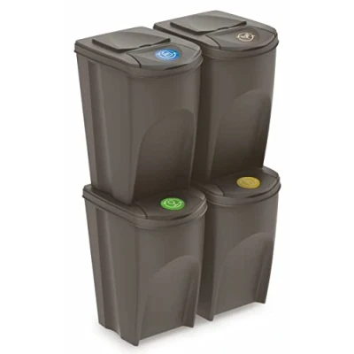 Image de Spetebo Sortibox Poubelle avec couvercle 35 l Lot de 4 / gris pierre Système tri des déchets empilable rabat
