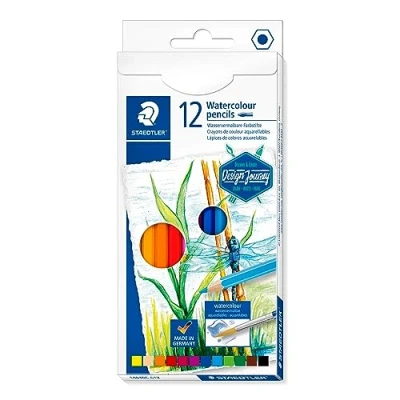 Image de Staedtler Crayons de couleur aquarellables haute qualité pour artistes, Utilisables à sec ou l&#039;eau, Mine douce et tendre 3 mm, Étui carton avec 12 couleurs différentes assorties, 14610C C12