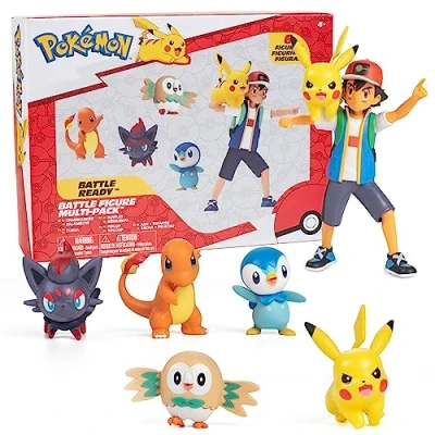 Image de Pokémon Battle Ready Lot de 6 figurines Comprend des cendres 11,4 cm et un Pikachu lancement, une Charmandre 5,1 cm, Rowlet Piplup, Zorua Sous licence officielle