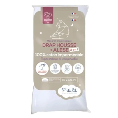 Image de P&#039;tit lit Protège Matelas Bébé 2 en 1 Alèse + Drap Housse 60x120 cm Imperméable 100% Coton Souple et Silencieux Respirant Oeko Tex® Blanc