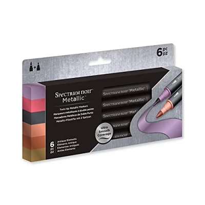 Image de Spectrum Noir Metallic Shimmering Finish with Vivid Colour Dual Tipped Markers Featuring A Brush And Bullet Nib Perfect For Black/Dark Surfaces Pack of 6 Antique Elements