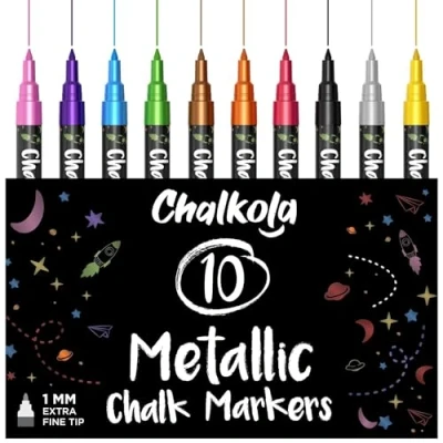 Image de Chalkola Marqueurs Métallique Craie pour Tableau Noir, Album photo Scrapbooking, Vitres, Verres Stylo Effaçable Lot de 10 avec Pointe Extra Fine 1mm