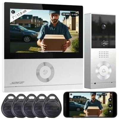 Image de Somikon interphone vidéo Wi Fi Full HD avec écran tactile 7&quot; (7&quot;), application (interphone en saillie, 2 maisons)
