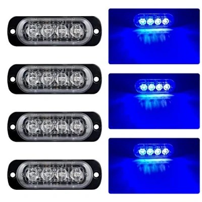 Image de 4pcs Ultra Mince 4LED Lumières Stroboscopiques Warining Beacon Lights Barre d&#039;éclairage d&#039;urgence Lampe de Voiture Auto Flash Lamp Universel Pour 12 24V Camion Remorque (Bleu)