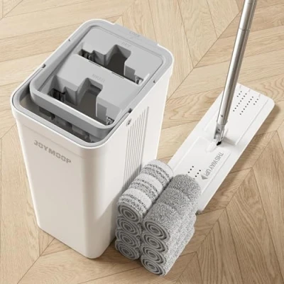 Image de JOYMOOP Serpillère plate avec lingette en microfibre et seau essoreur, long manche, utilisation humide ou sèche, nettoyage de la maison, pour parquet, stratifié, carrelage