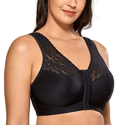 Image de DELIMIRA Femme Soutien Gorge Fermeture Devant Grande Taille sans Armature Dos Nageur Dentelle Noir 90C