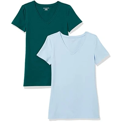 Image de Amazon Essentials T Shirt Col en v à Manches Courtes Coupe Classique Femme, Lot de 2, Vert Foncé/Bleu Poudré, XS