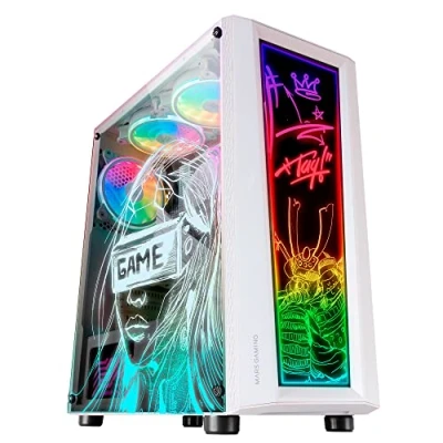 Image de MARSGAMING MC ART Blanc, Boîtier PC Gaming ATX, Double Vitrage Trempé Dessinable, ARGB 12 Modes, Ventilateur 12cm