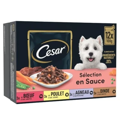 Image de CESAR Repas pour Chien 48 Sachets Fraîcheur (Lot de 4 Packs 12x100g) Pâtée en Sauce Boeuf / Poulet Agneau Dinde Nourriture Complète &amp; Equilibrée avec des Ingrédients Naturels