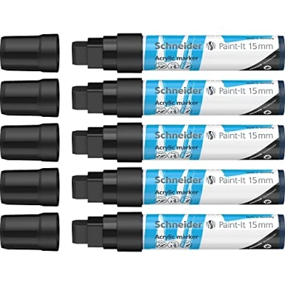 Image de Schneider Paint It 120301 Lot de 5 crayons acryliques avec largeur trait 15 mm, peintures à haute couverture pour bois, toile, pierre, etc. Noir