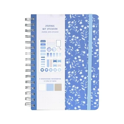 Image de Idena 11366 Carnet A5 avec 66 autocollants, bleu, journal de 78 pages, 120 g/m², 3 types papier différents, pointillé, pochette intérieure et élastique, FSC Mix