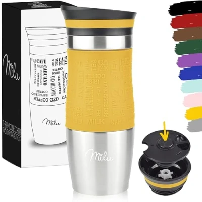 Image de Milu Mug Isotherme Etanche 370ml 450ml Thermos café thé I Tasse Isolée pour et à emporter, Double Paroi sous Vide, Acier Inoxydable de voyage Chaud &amp; froid (Mangue, 370ml)