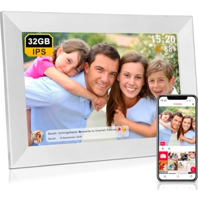 Image de Frameo 32Go Cadre Photo Numérique WiFi 10,1 Pouces, Écran Tactile HD 1280x800 IPS pour Partager Photos et Vidéos, Support Multilingue, Rotation Automatique, Montage Mural (Blanc)