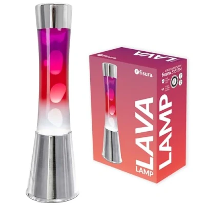 Image de Fisura Lampe à lave &quot;dégradé rouge&quot;. Base chromée et bouteille dégradée du violet au blanc. Effet relaxant. Avec ampoule de rechange. Dimensions : 11 cm x 39,5 cm.