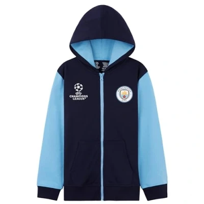 Image de Manchester City F.C. Sweats à Capuche Garçon, Sweat Adolescent Garcon avec Zippé (Bleu Marine/Bleu, 11 12 Ans)