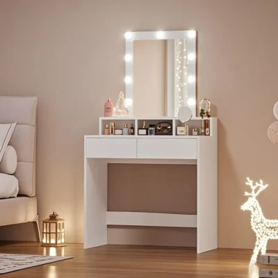 Image de Calicosy Coiffeuse avec Miroir, Ampoules, 2 Tiroirs et 3 Compartiments Ouverts Rangement Malin Style Moderne pour Chambre L80 cm x P40 H145