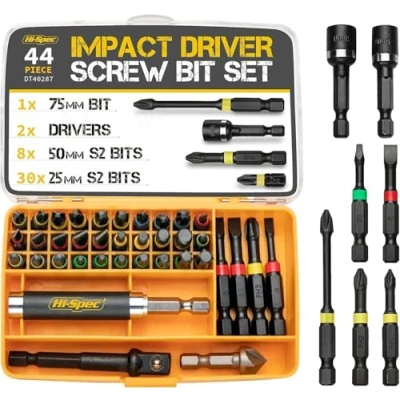 Image de Hi Spec Coffret de 44 Embouts Vissage pour Visseuse à Chocs Hex, Mèches Tournevis, en Alliage d&#039;Acier au Carbone S2 Trempé, avec Douilles et Porte