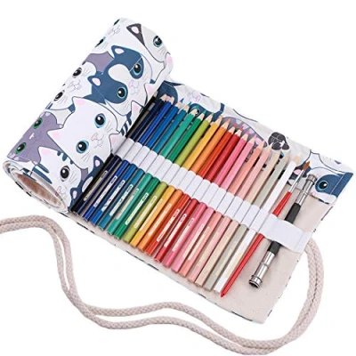 Image de Amoyie Trousse Enroulable Crayon, Pliable Rangement en Tissu pour 48 Crayons de Couleur, Mignon Chat